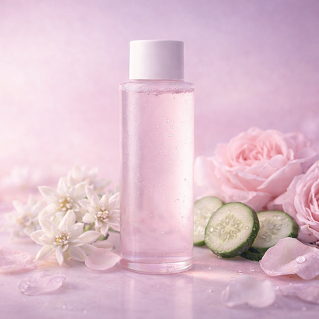 Baume à la rose de mai : flacon rose avec roses, fleurs blanches et concombre