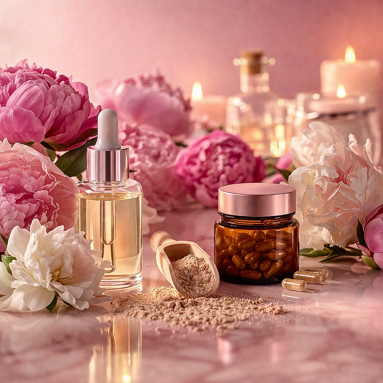 Rituel de beauté : sérum, pivoines roses et bougies dans une ambiance rose poudré